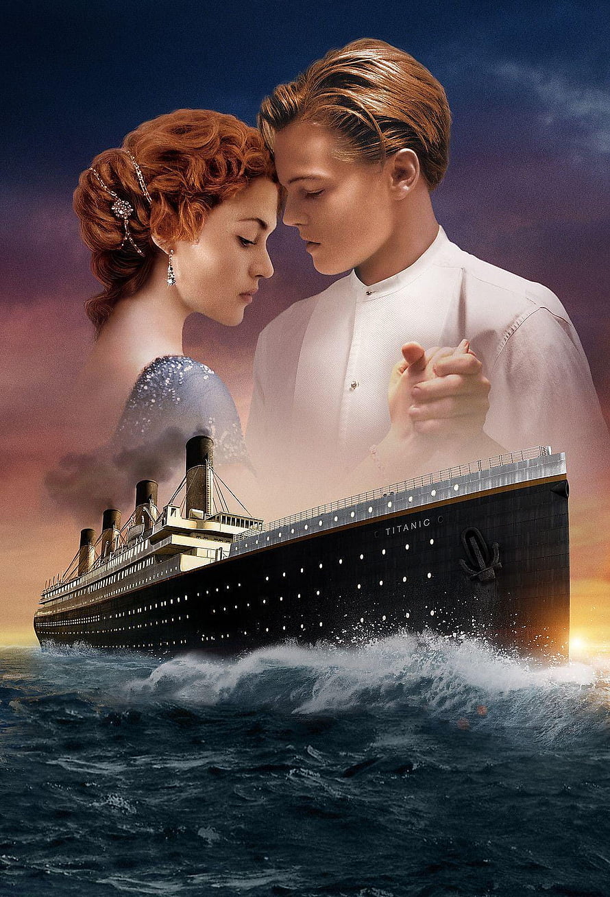 Titanic Movie Poster Featuring Jack and Rose with the Ship Sailing on the Ocean HD phone wallpaper