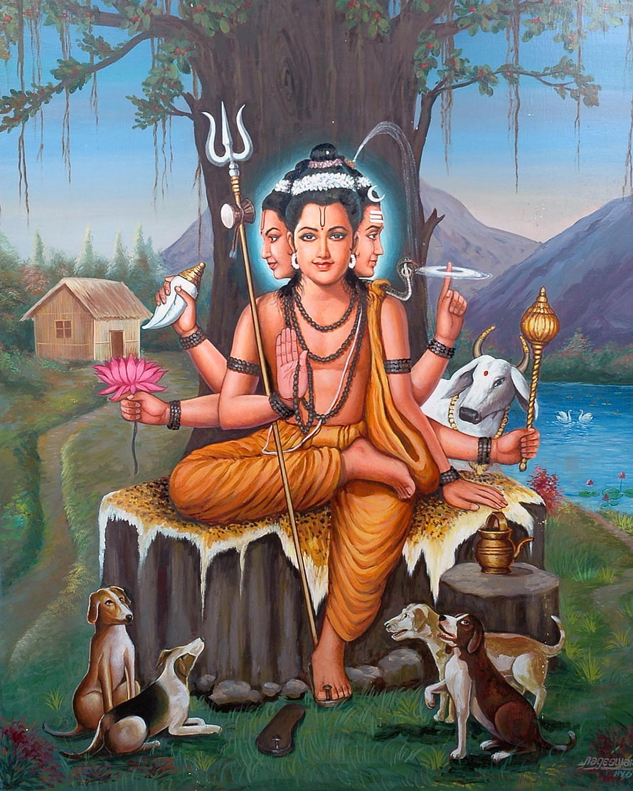 Lord Shiva Trinetra Painting with Dogs, Bull, and Trident in Nature HD phone wallpaper