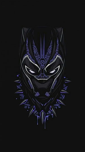 Black Panther Mask Digital Art with Purple Tribal Patterns and Glowing Eyes on Black Background HD phone wallpaper