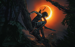 Lara Croft Perched on a Tree Branch in a Jungle at Sunset HD wallpaper