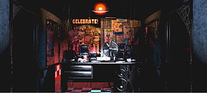 Five Nights at Freddy's Security Office with Animatronics and Surveillance Monitors HD wallpaper