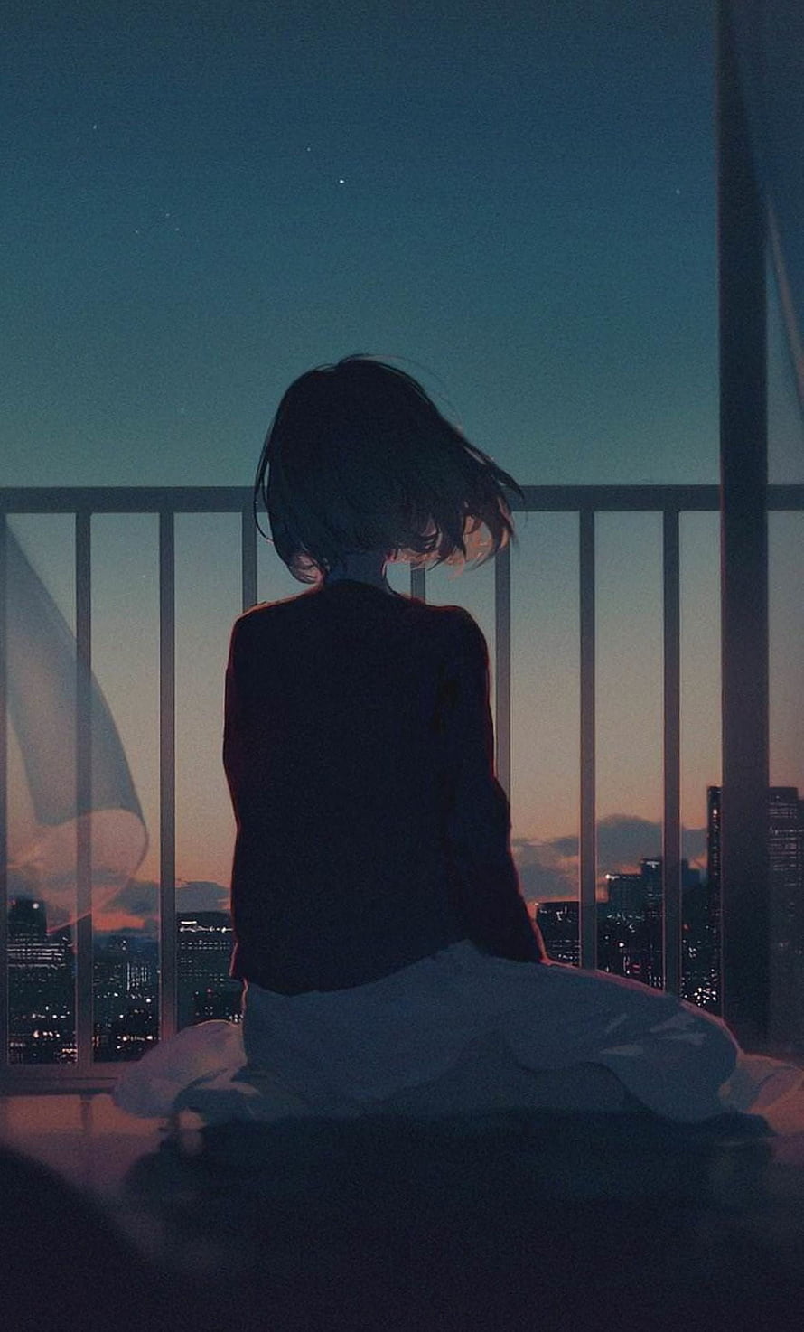 Anime Girl Sitting On Balcony Watching City Sunset HD phone wallpaper