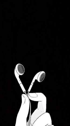 Minimalist Black and White Illustration of Hand Holding Wired Earbuds Against Dark Background HD phone wallpaper