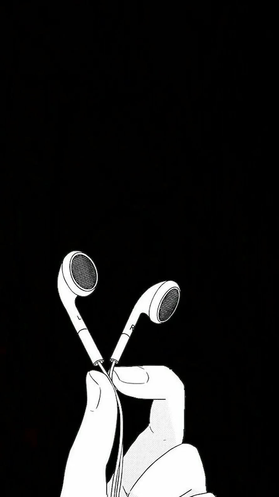 Minimalist Black and White Illustration of Hand Holding Wired Earbuds Against Dark Background HD phone wallpaper