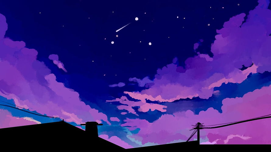 Anime Style Night Sky With Purple Clouds And Shooting Star Over Silhouette Rooftop HD wallpaper