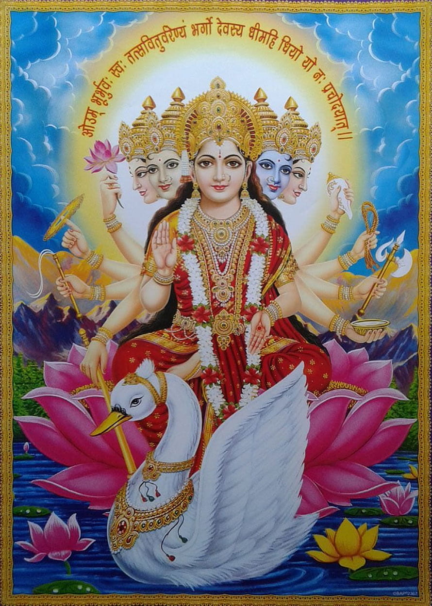 Five-Headed Goddess Durga Sitting on a Swan in a Lotus Pond HD phone wallpaper