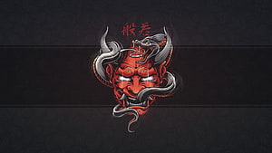 Red Oni Demon Mask with Coiling Dragon and Japanese Calligraphy on Dark Background HD wallpaper