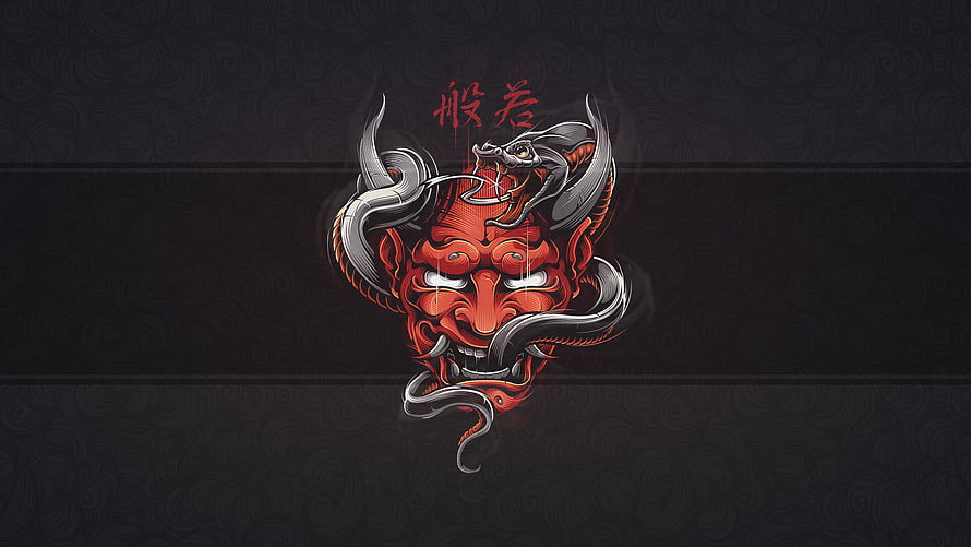 Red Oni Demon Mask with Coiling Dragon and Japanese Calligraphy on Dark Background HD wallpaper