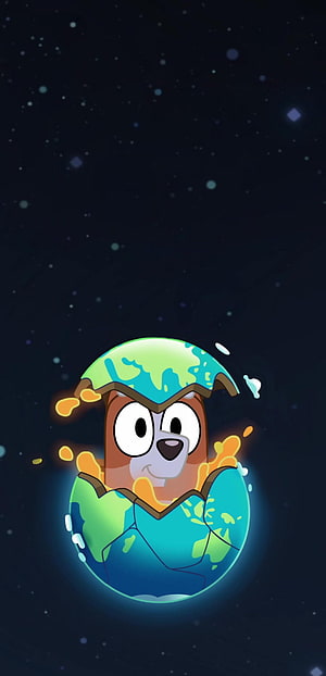 Cute cartoon dog hatching from a cracked earth egg in space HD phone wallpaper
