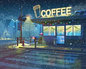 Cozy Snowy Night Coffee Shop with Neon Sign and Falling Snowflakes HD wallpaper