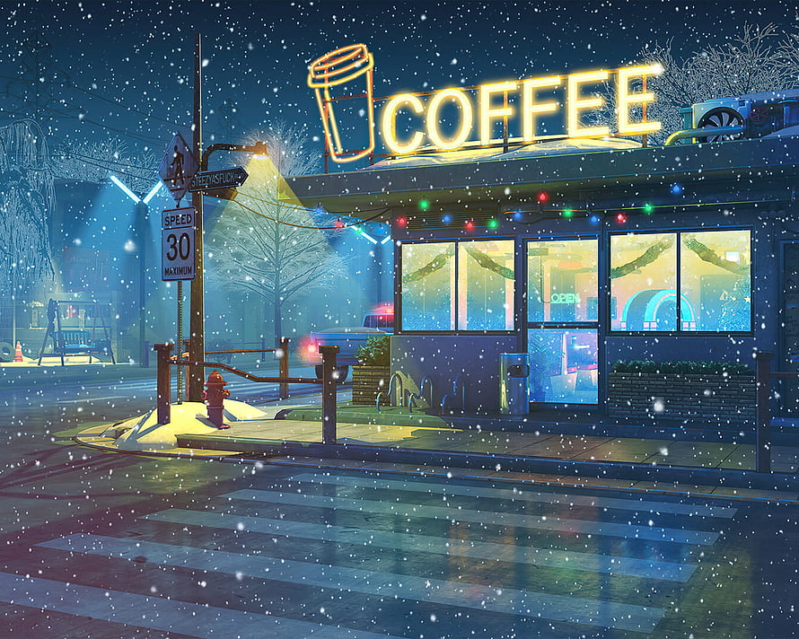 Cozy Snowy Night Coffee Shop with Neon Sign and Falling Snowflakes HD wallpaper