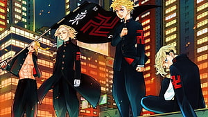 Tokyo Revengers Anime Characters in Black Uniforms with Red Emblems Against a Neon City Skyline HD wallpaper