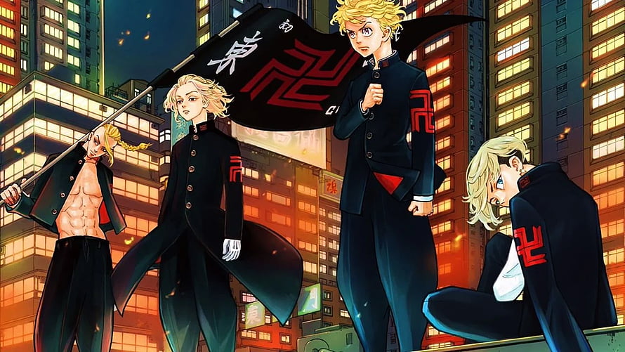 Tokyo Revengers Anime Characters in Black Uniforms with Red Emblems Against a Neon City Skyline HD wallpaper