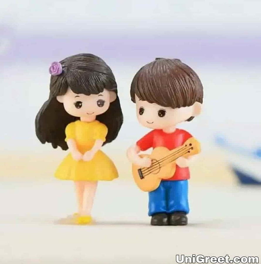 Cute Chibi Couple Figurines with Guitar and Yellow Dress on Soft Background HD phone wallpaper