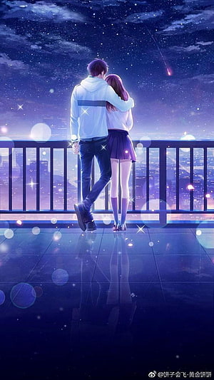Romantic Anime Couple Watching Shooting Stars Over City Skyline at Night, anime love couple, #Anime Love HD phone wallpaper