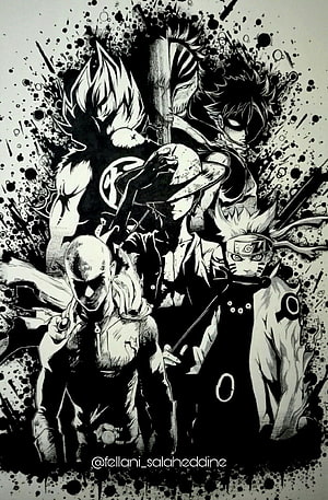 Monochrome Anime Heroes: Goku, Ichigo, Natsu, Luffy, Saitama, and Naruto in Ink Splatter Art HD phone wallpaper
