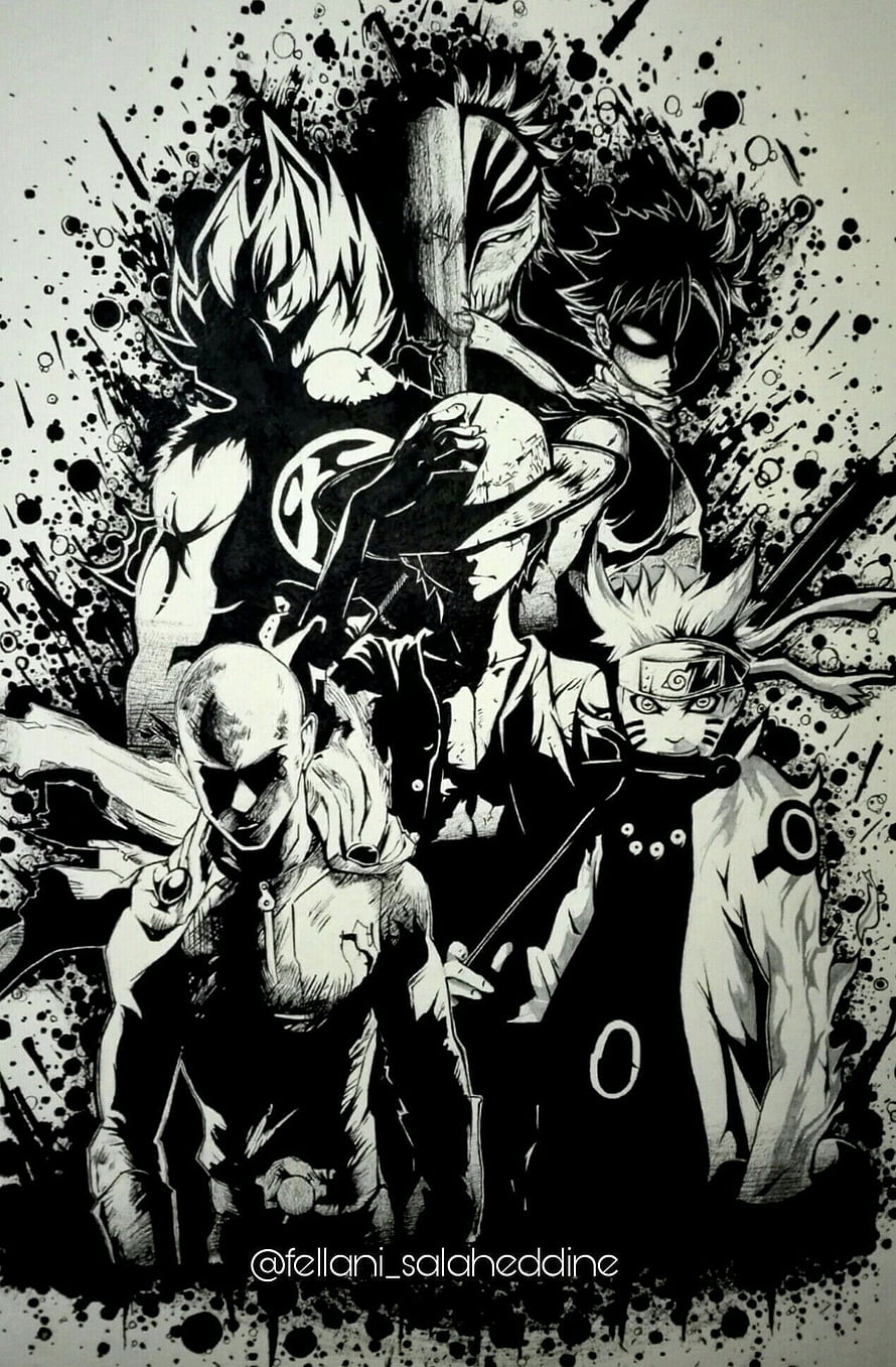 Monochrome Anime Heroes: Goku, Ichigo, Natsu, Luffy, Saitama, and Naruto in Ink Splatter Art HD phone wallpaper