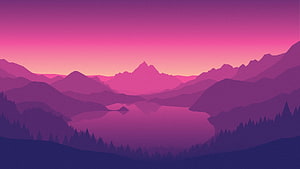 Purple Mountain Landscape With Lake And Pine Forest At Sunset HD wallpaper