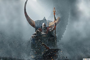 Kratos Seated on a Throne in a Stormy Realm Holding a Spear HD wallpaper