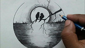 Pencil sketch of two birds perched on a branch under a full moon over a calm lake HD wallpaper