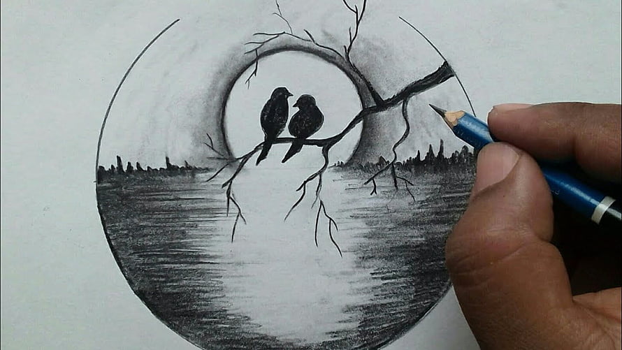 Pencil sketch of two birds perched on a branch under a full moon over a calm lake HD wallpaper