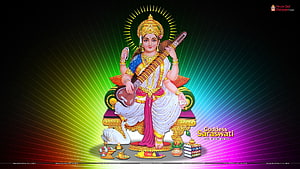 Goddess Saraswati Holding Veena on Golden Throne with Radiant Halo and Peacock HD wallpaper