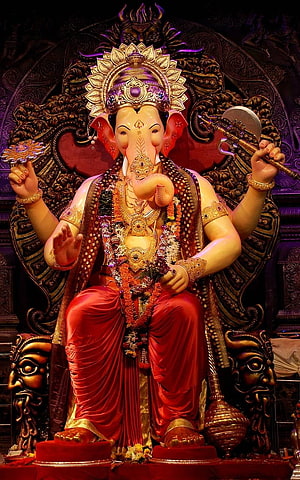 Ganesha Statue in Red Robes with Golden Crown and Axe HD phone wallpaper