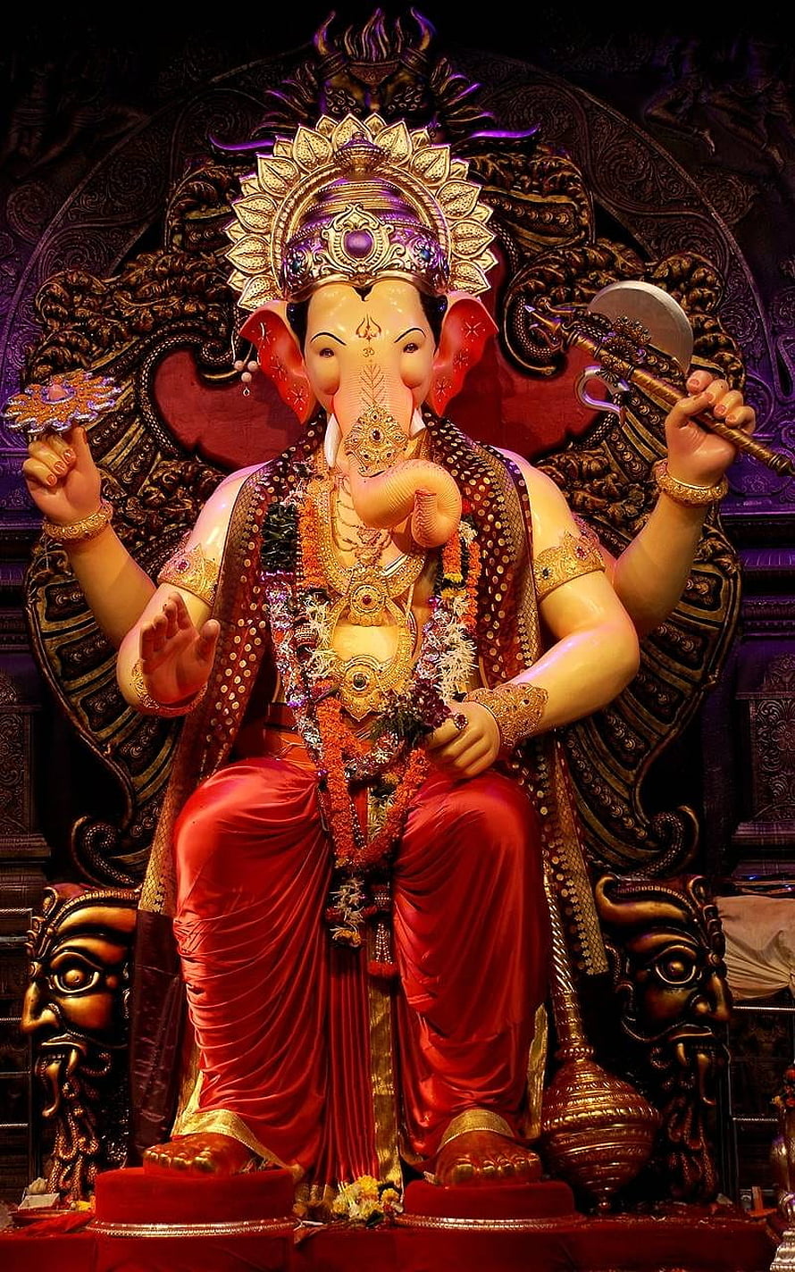 Ganesha Statue in Red Robes with Golden Crown and Axe HD phone wallpaper