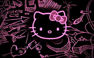 Pink Chalk Style Hello Kitty Sketch on Black Background HD wallpaper