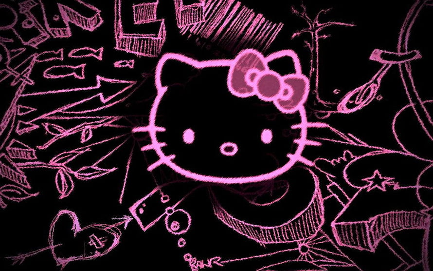 Pink Chalk Style Hello Kitty Sketch on Black Background HD wallpaper