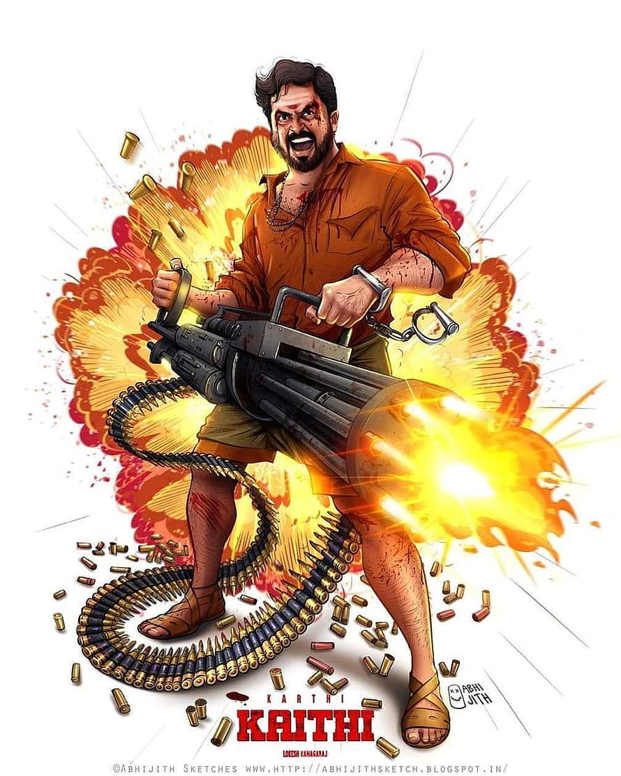 Karthi as Kaithi in Fiery Action Pose with Machine Gun and Handcuffs HD phone wallpaper