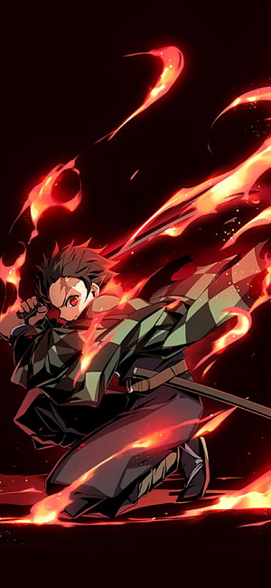 Tanjiro Kamado in Dynamic Fire Breathing Action Pose from Demon Slayer HD phone wallpaper