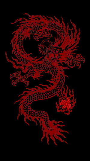 Intricate Red Chinese Dragon Illustration on Black Background HD phone wallpaper