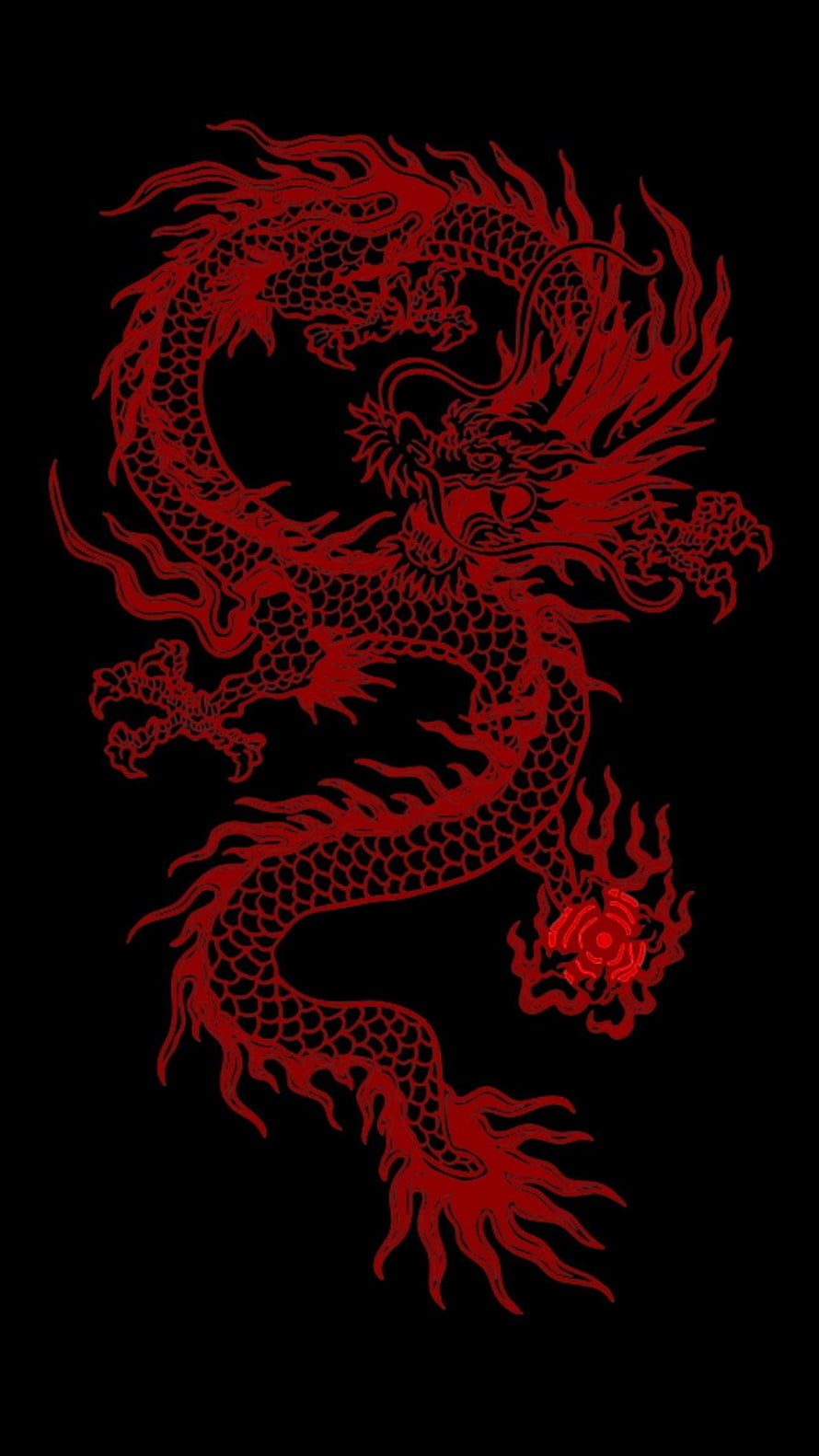 Intricate Red Chinese Dragon Illustration on Black Background HD phone wallpaper