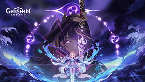 Genshin Impact Character Artwork Featuring Purple Energy and Water Effects HD wallpaper