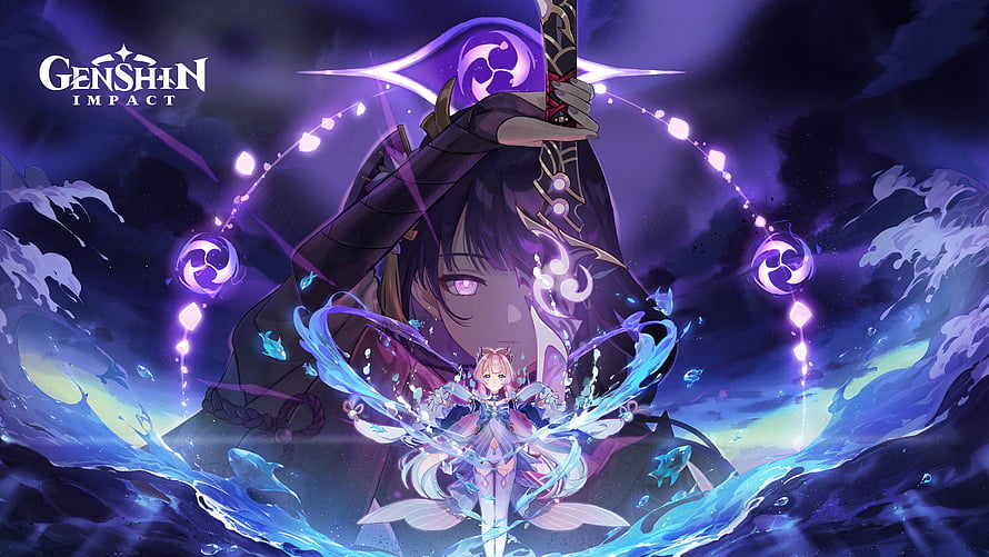 Genshin Impact Character Artwork Featuring Purple Energy and Water Effects HD wallpaper