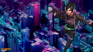 BGMI Female Operative Aiming Submachine Gun Over Neon Cyberpunk City HD wallpaper