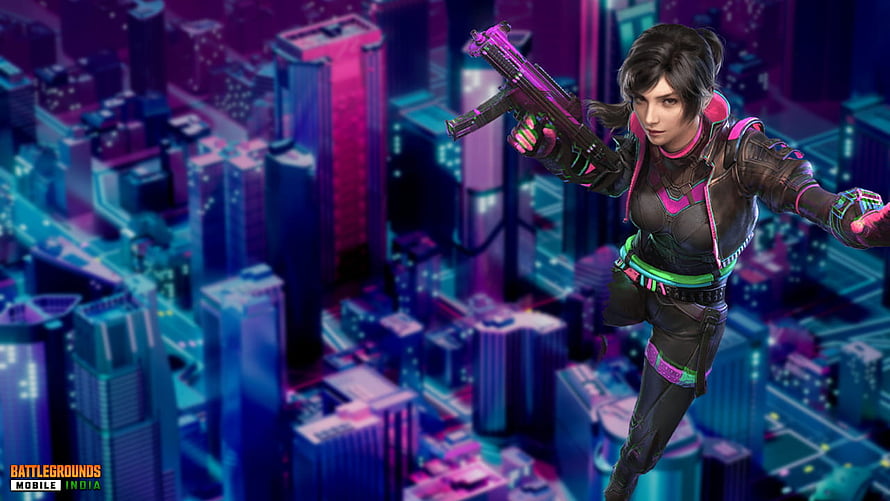 BGMI Female Operative Aiming Submachine Gun Over Neon Cyberpunk City HD wallpaper
