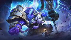 Mobile Legends Minotaur Character Art with Glowing Blue Hammer and Purple Beard HD wallpaper