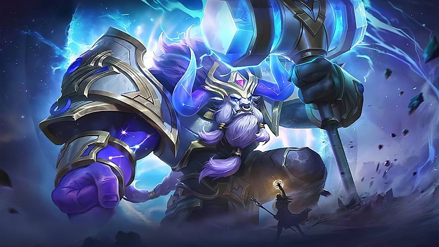 Mobile Legends Minotaur Character Art with Glowing Blue Hammer and Purple Beard HD wallpaper