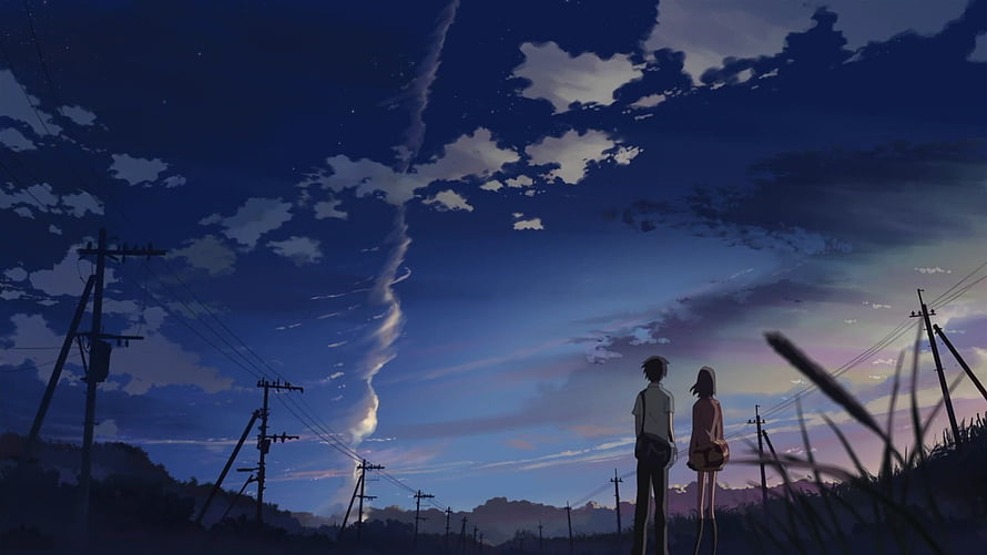 Anime Couple Watching Dramatic Clouds and Sunset Sky with Power Lines HD wallpaper