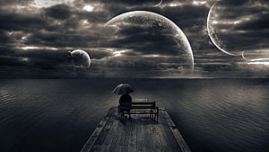 Solitary Figure on a Wooden Pier Under a Dramatic Alien Sky with Multiple Planets HD wallpaper