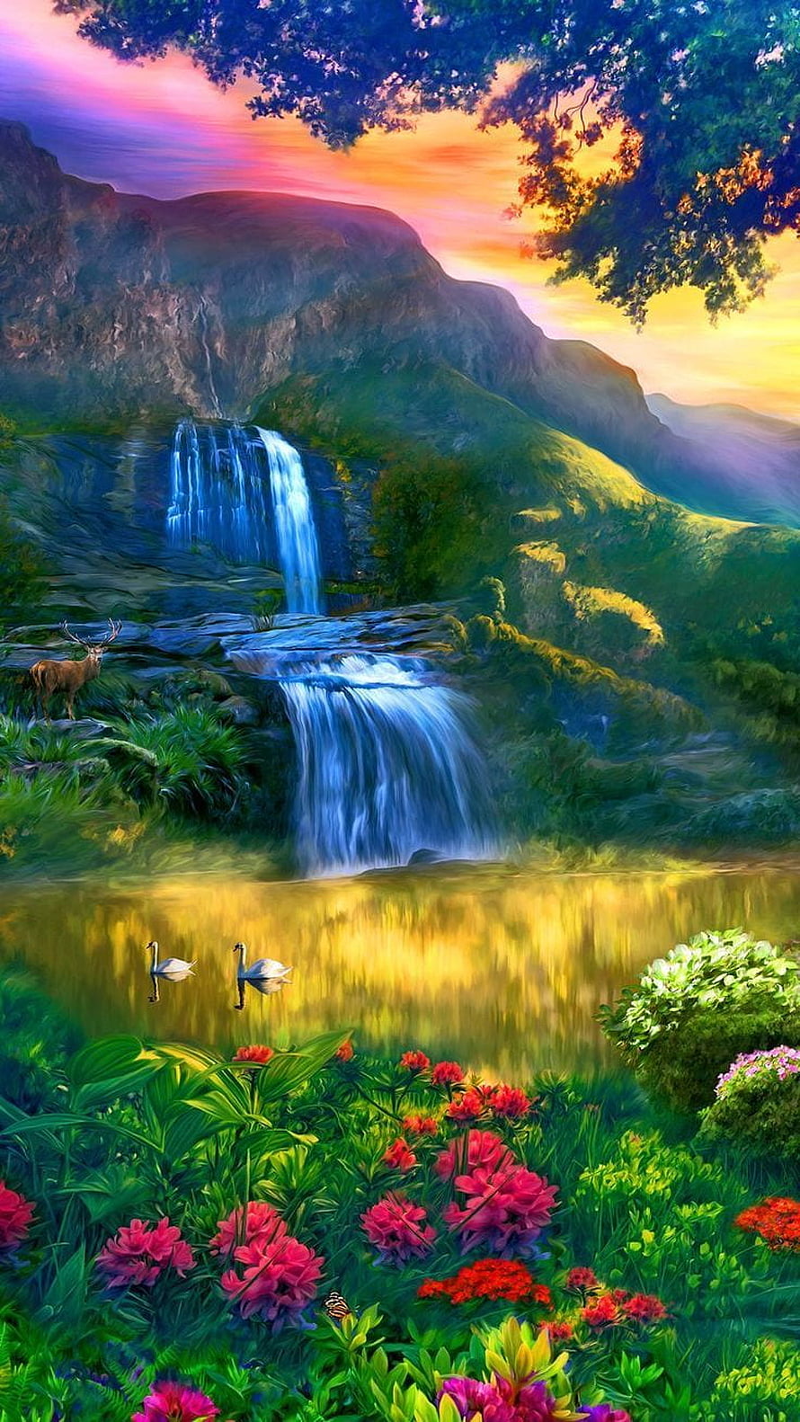 Vibrant Digital Painting of a Mountain Waterfall, Deer, and Swans in a Lush Sunset Meadow HD phone wallpaper