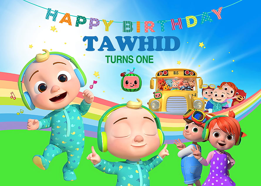 Cocomelon Birthday Party Scene With Rainbow, School Bus, and Celebrating Characters HD wallpaper