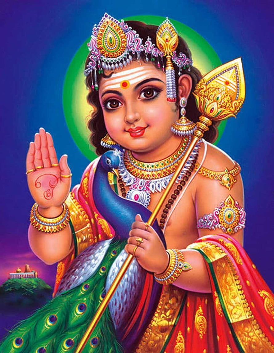Baby Lord Krishna with Peacock Feather Crown and Mace HD phone wallpaper