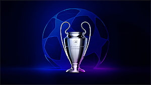 Champions League Trophy with Glowing Soccer Ball on Dark Blue Background HD wallpaper
