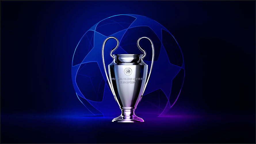 Champions League Trophy with Glowing Soccer Ball on Dark Blue Background HD wallpaper