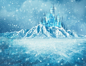 Frozen Arendelle Castle on Snowy Mountain Peak with Falling Snowflakes HD wallpaper