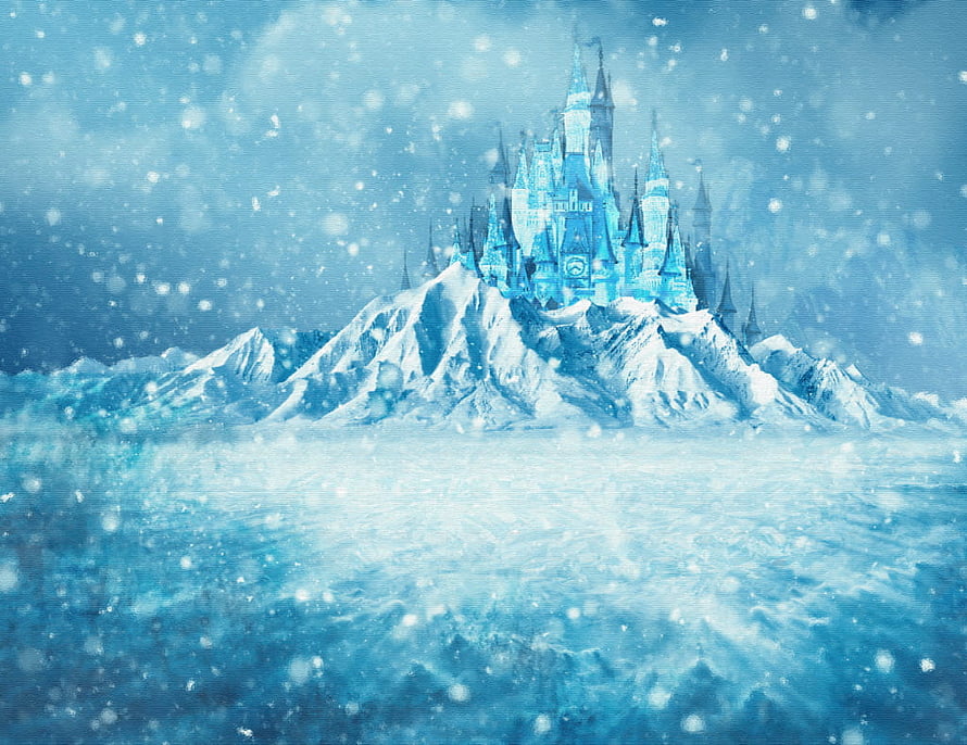 Frozen Arendelle Castle on Snowy Mountain Peak with Falling Snowflakes HD wallpaper