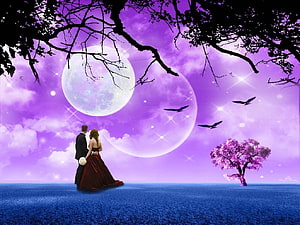 Romantic couple in wedding attire gazing at a full moon under a purple sky with a blooming tree HD wallpaper